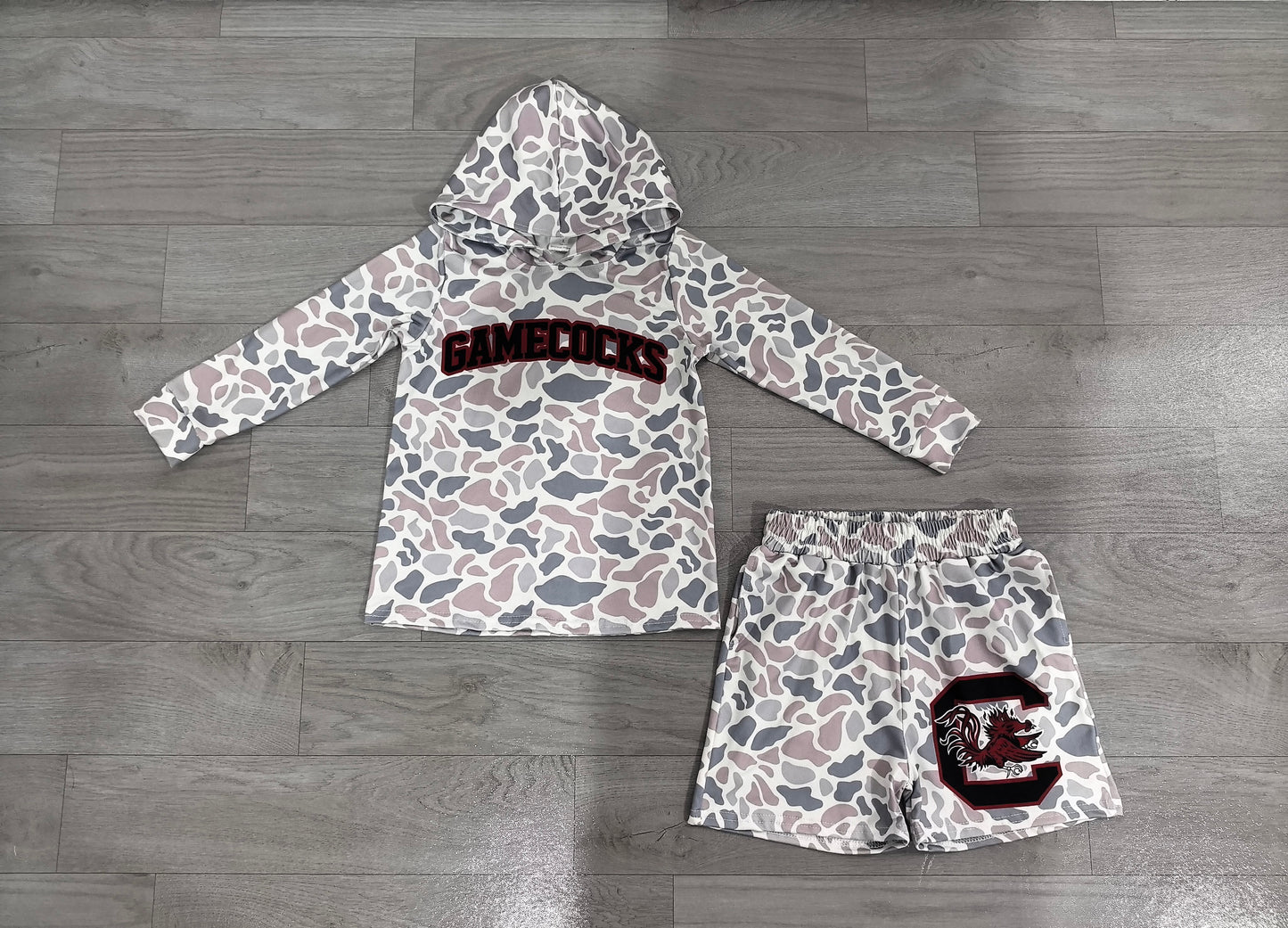 (Sample) No moq milk silk BLS0048 Baby Boys Grey Camo Letter Print Long Sleeve Hoodie Casual Shorts Team Set