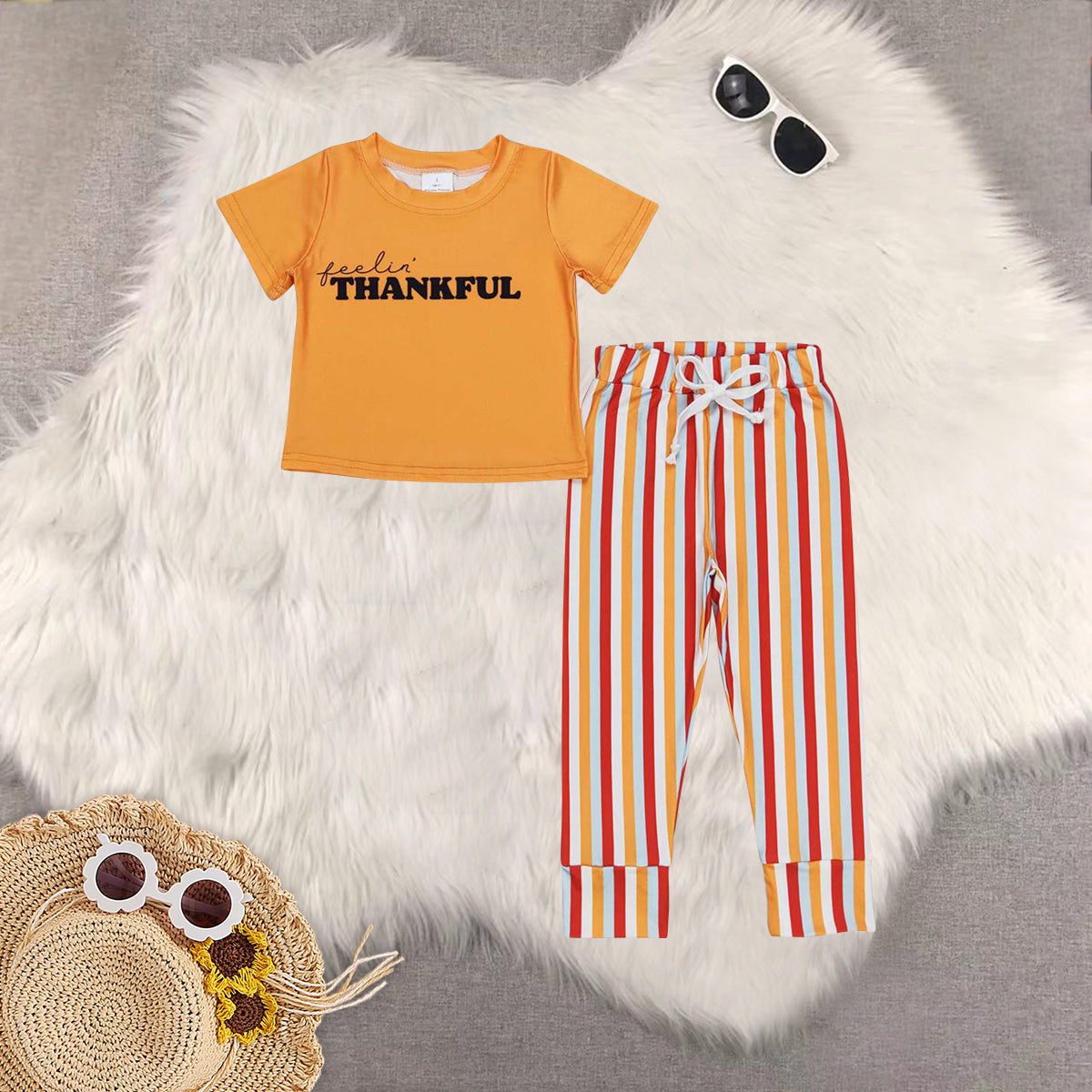 RTS NO MOQ Sibling Baby Girls thankful short Sleeve Pants Set