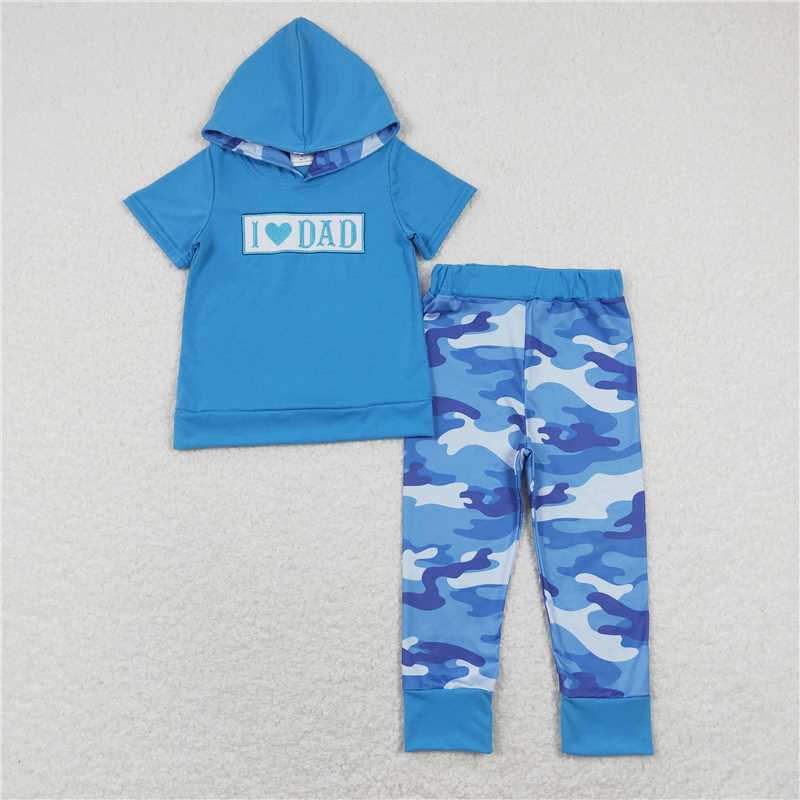 RTS NO MOQ(In Stock) BSPO0281 baby boy clothes embroidered I love DAD hooded short sleeve trousers suit