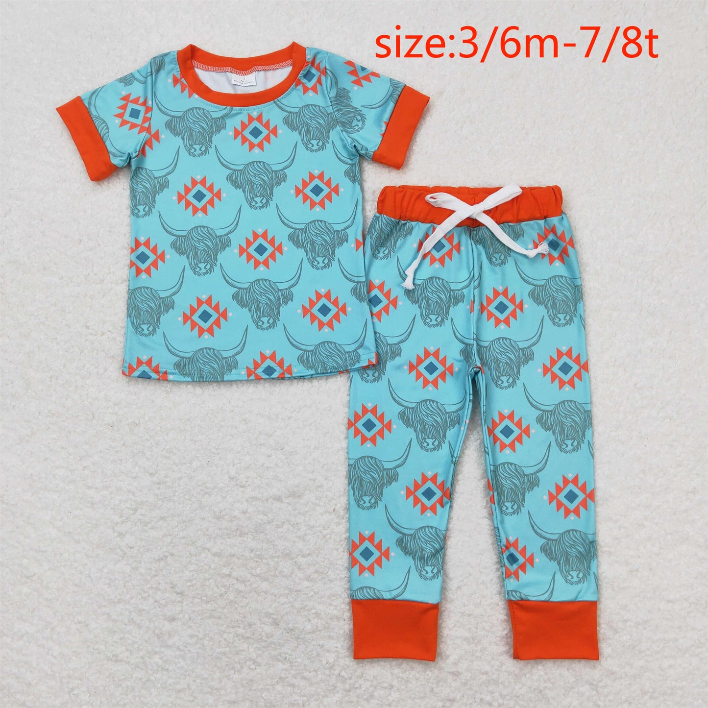 RTS NO MOQ(In Stock) BSPO0328 Alpine cow head geometric blue and brown short-sleeved trousers pajama set