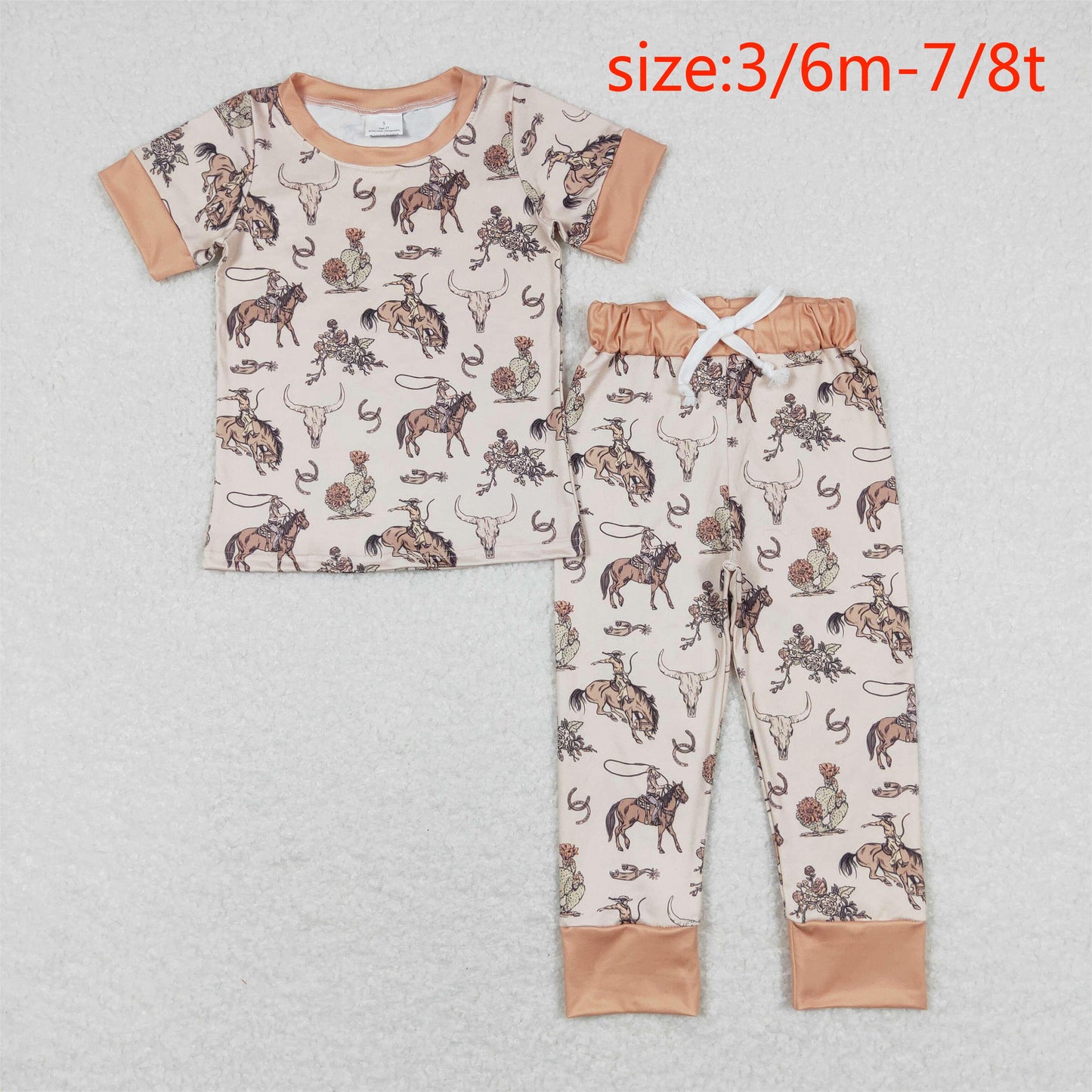 RTS NO MOQ(In Stock) BSPO0344 Horseback Riding Alpine Cow Head Light Brown Short Sleeve Long Pants Pajama Set