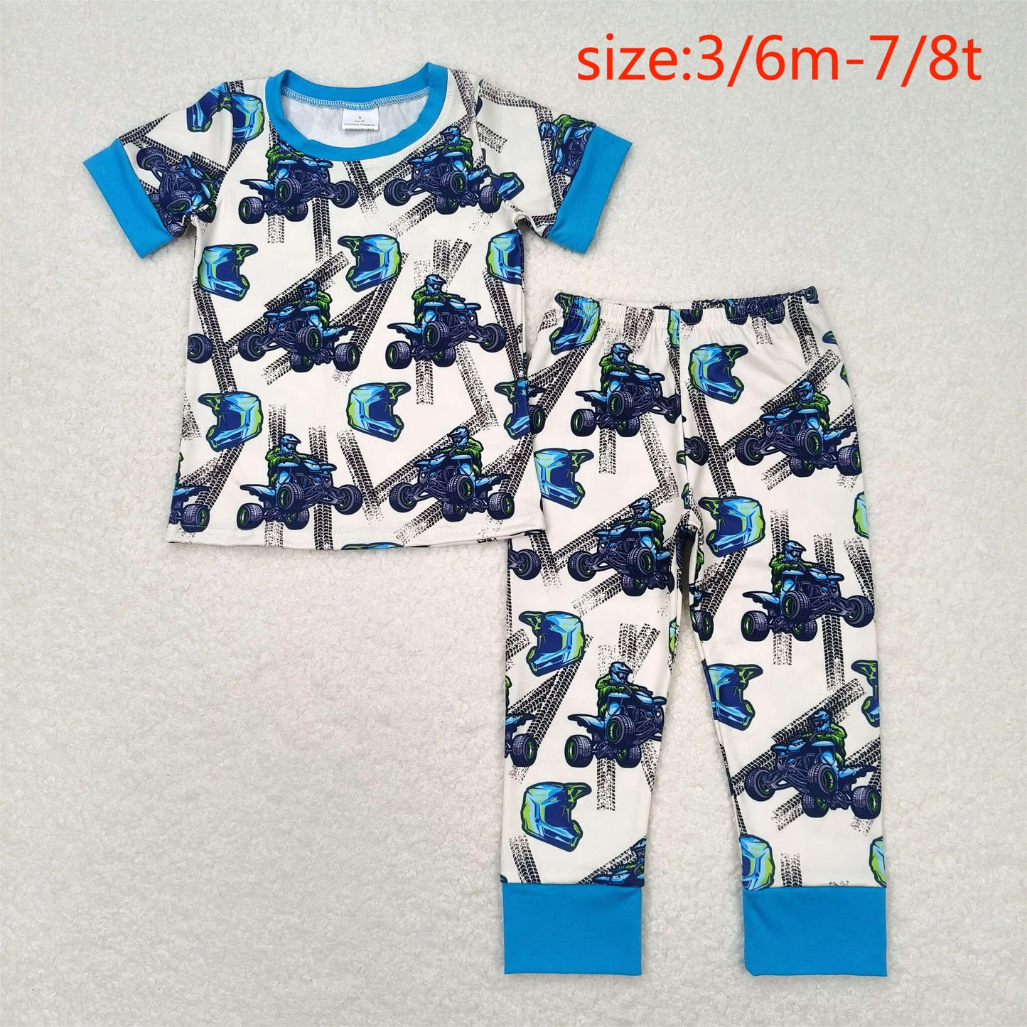 RTS NO MOQ(In Stock) BSPO0354 Mountain motocross blue short-sleeved pants pajamas set