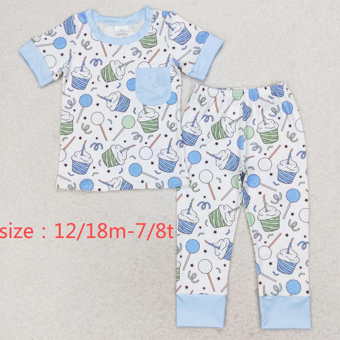 RTS NO MOQ(In Stock) BSPO0410 Birthday candle cake blue pocket short-sleeved long pants pajamas set