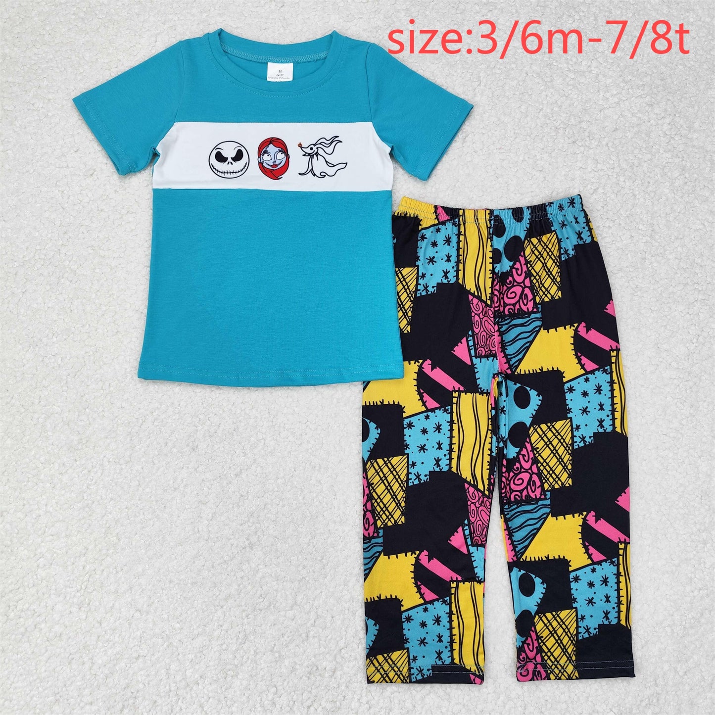 RTS NO MOQ(In Stock) BSPO0416 The Nightmare Before Christmas teal short-sleeved patchwork trousers set