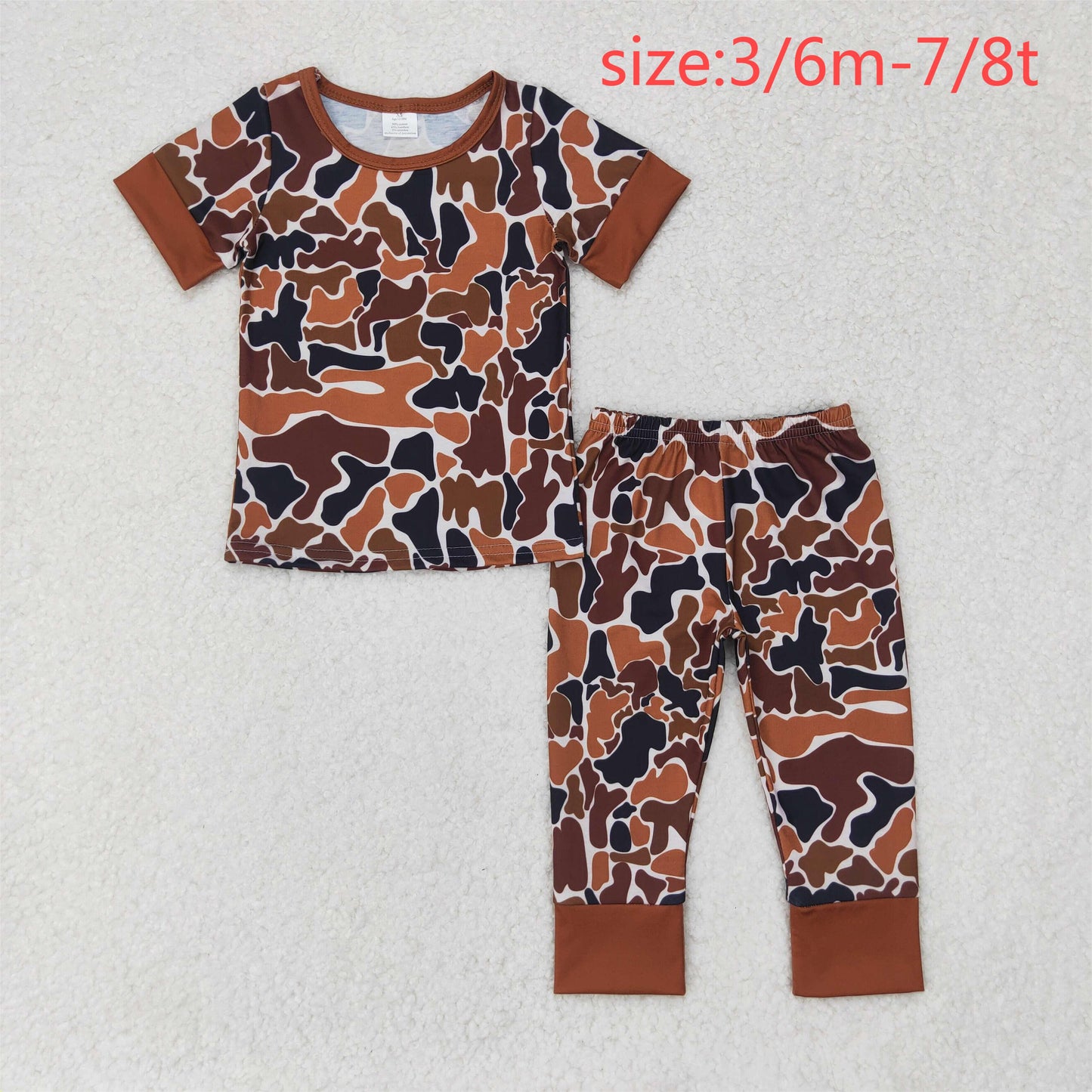 RTS NO MOQ(In Stock) BSPO0439 Modal brown camouflage beige short-sleeved long pants pajama set