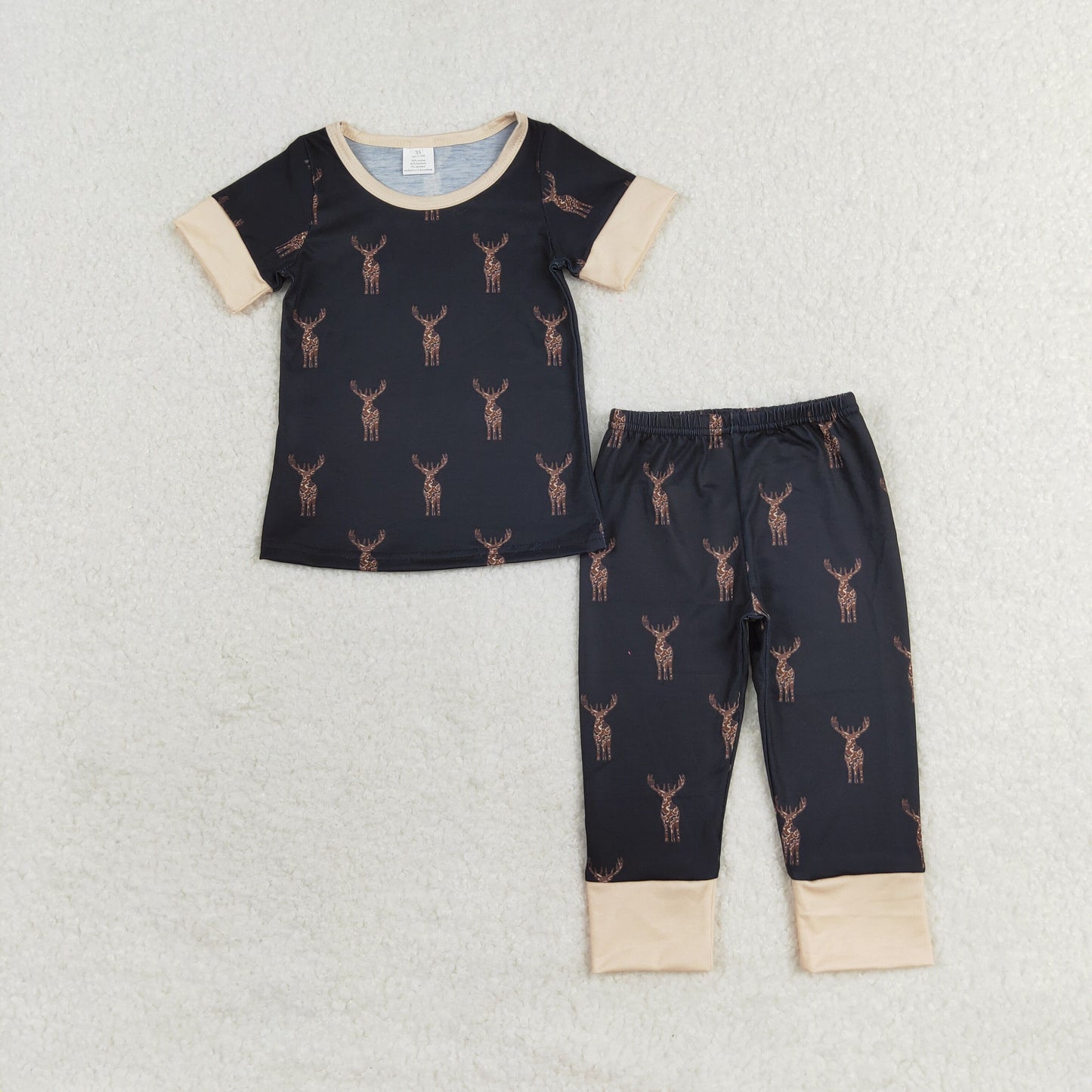RTS NO MOQ(In Stock) BSPO0440 Modal Deer Brown Black Short Sleeve Long Pants Pajama Set