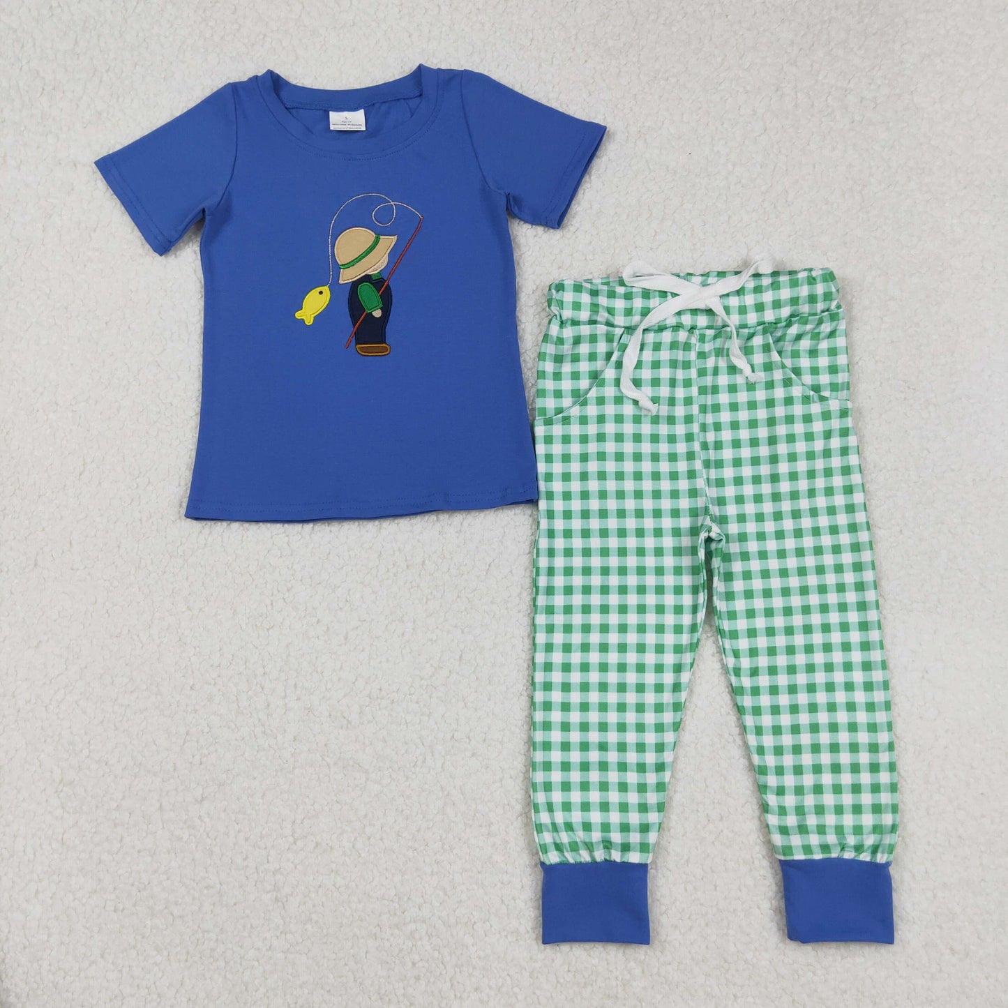 RTS NO MOQ(In Stock) BSPO0506 Embroidered Fishing Kids Blue Short-Sleeve Green Plaid Trouser Set