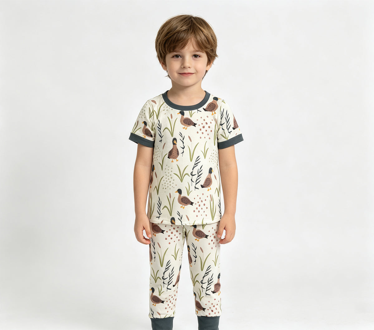 (Sample) No moq milk silk BSPO0519 Baby Boys Ducks Green Shirt Pants Pajamas Sets