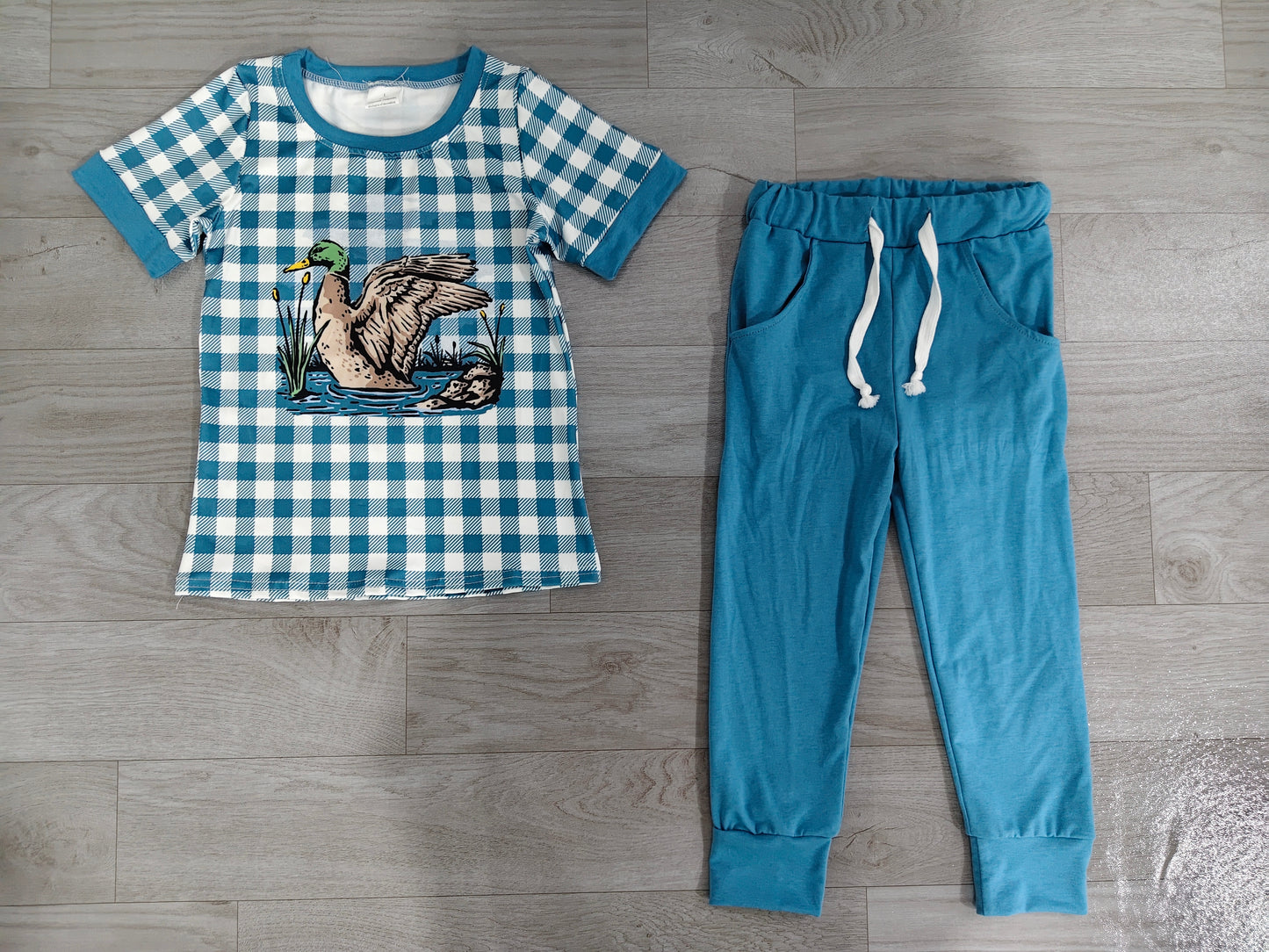 (Sample) No moq milk silk BSPO0690 Baby Boys Hunting Blue Plaid Duck Printed Pocket Jogger Clothes Matching Sets