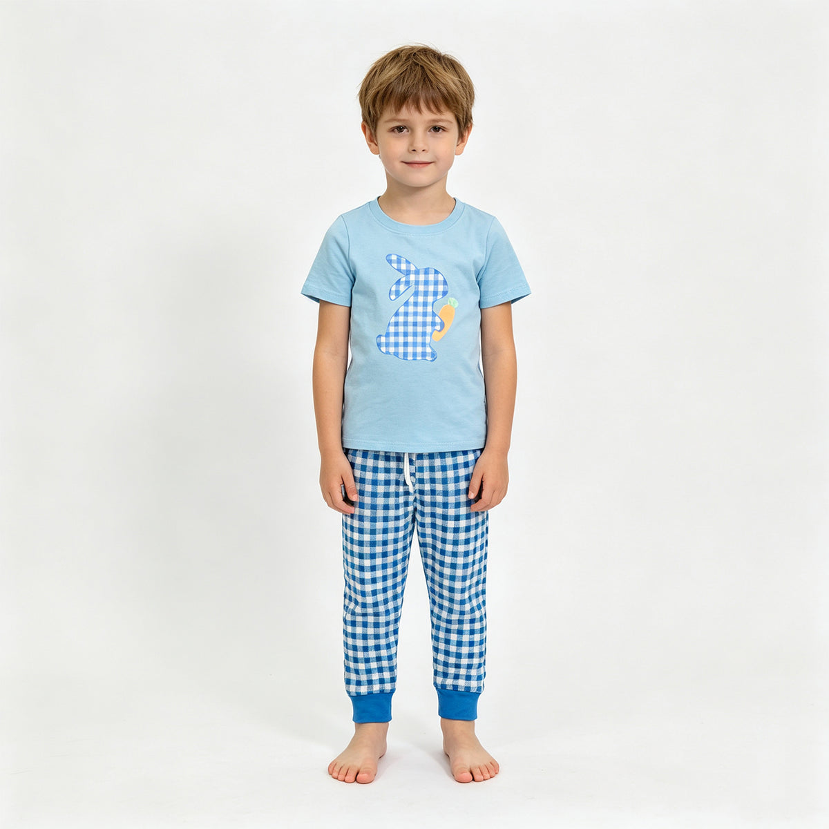 (Sample) No moq milk silk BSPO0705 Embroidery Baby Boys Blue Checked Rabbit And Carrots Long Sleeve Top Pockets Pant Easter Clothes Sets