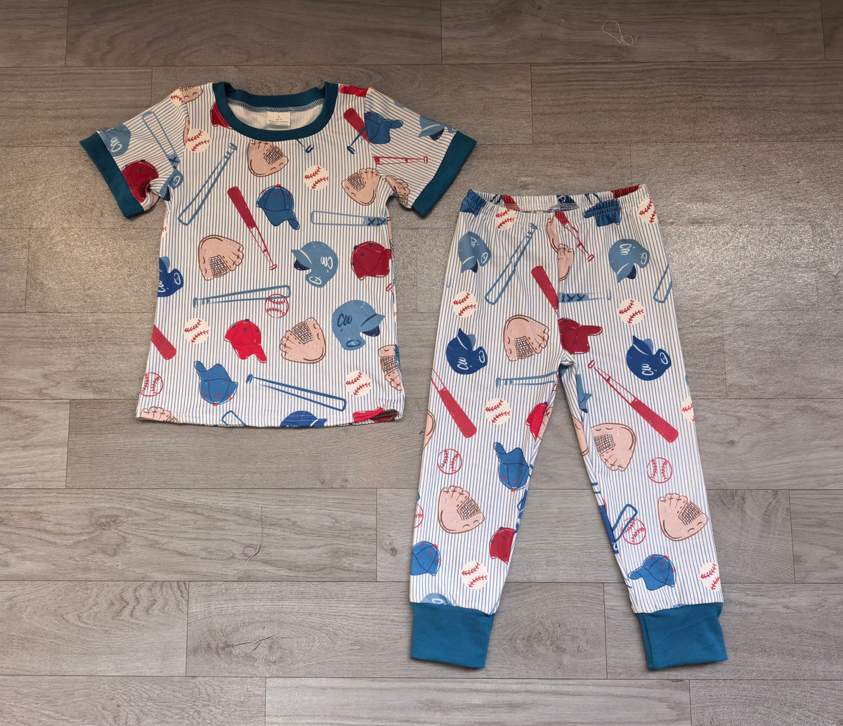 (Sample) No moq milk silk BSPO0732 Baby Boys Blue Stripe Baseballs Print Top Pants Team Pajamas Sets