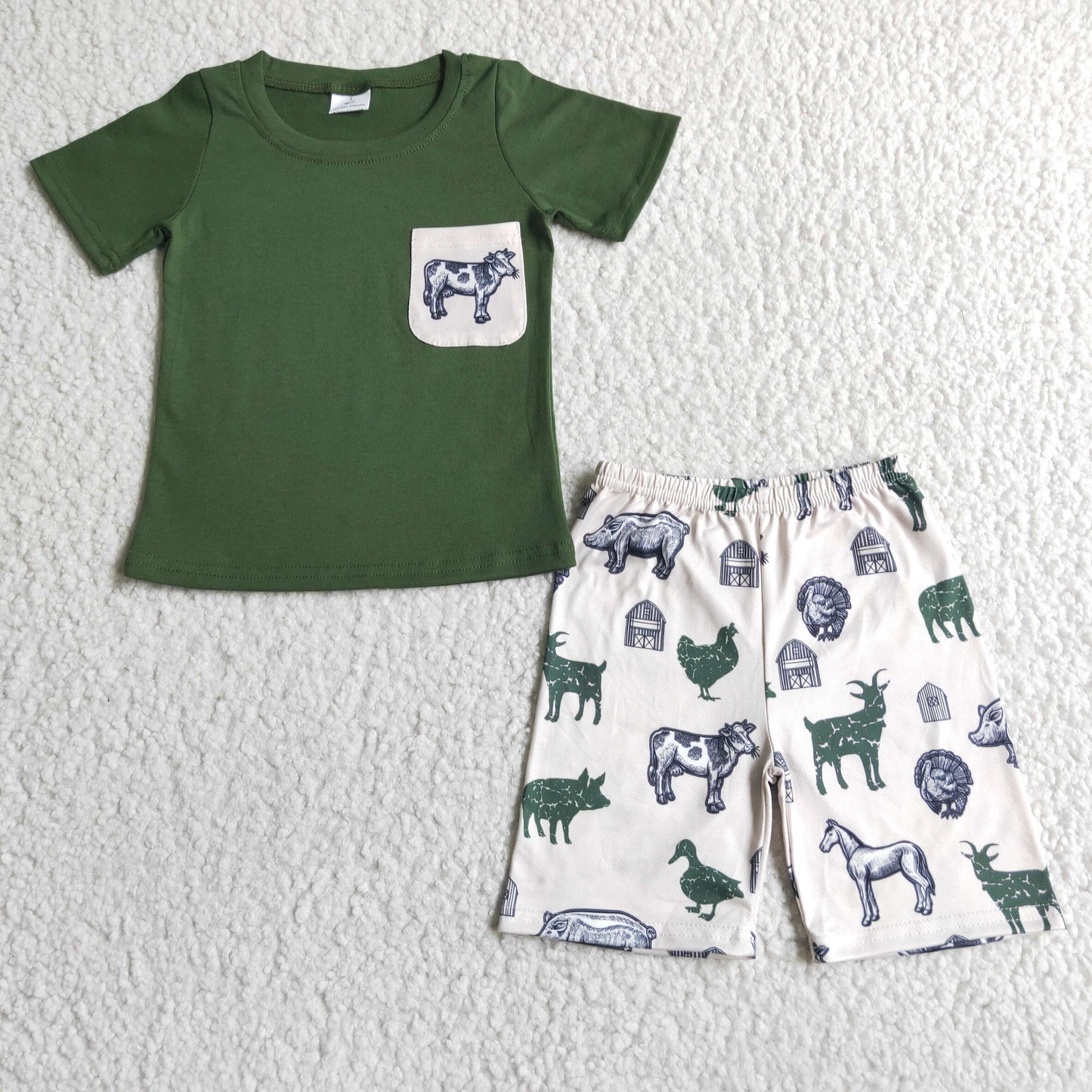 RTS NO MOQ ETA 5/7days Arrived BSSO0046 Boys Green Pocket Cow Short Sleeve Farm Shorts Set