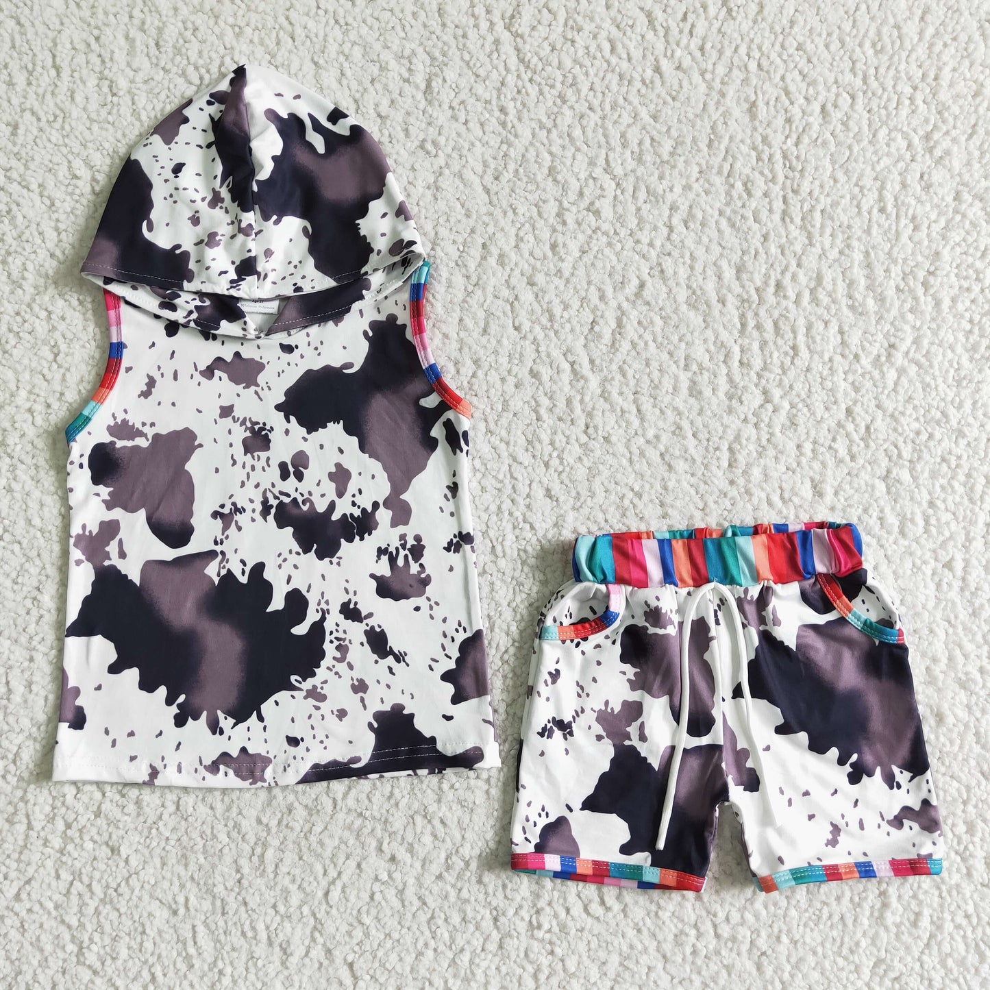 rts no moq BSSO0050 Boys sleeveless hooded shorts with ink-print cow pattern and lace-up