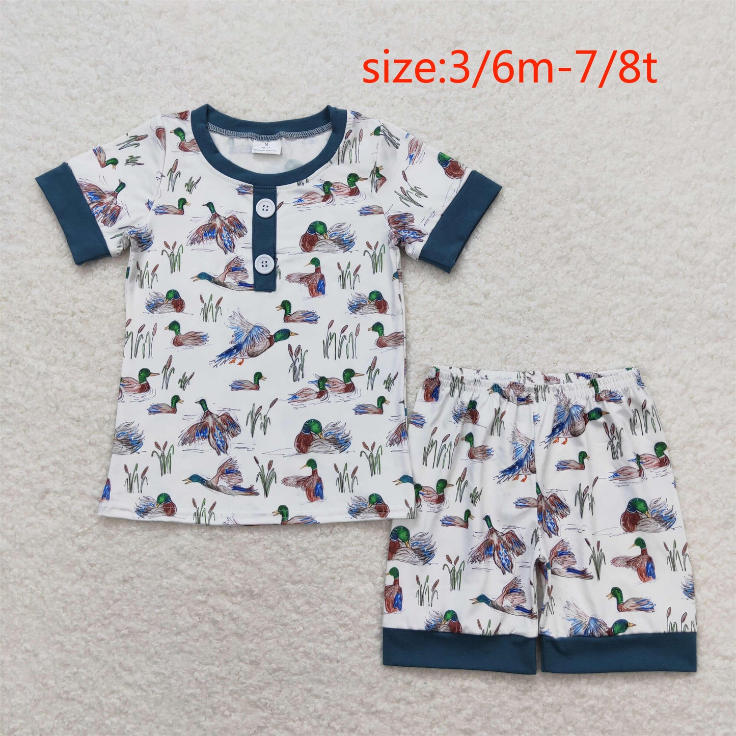 RTS NO MOQ(In Stock) Duck blue and white short sleeve shorts suit
