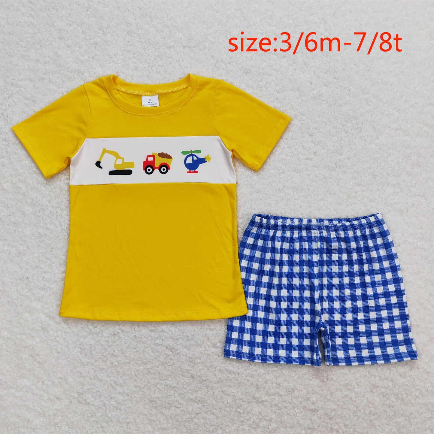 RTS NO MOQ(In Stock) Engineering vehicle helicopter yellow short-sleeved blue and white plaid shorts suit
