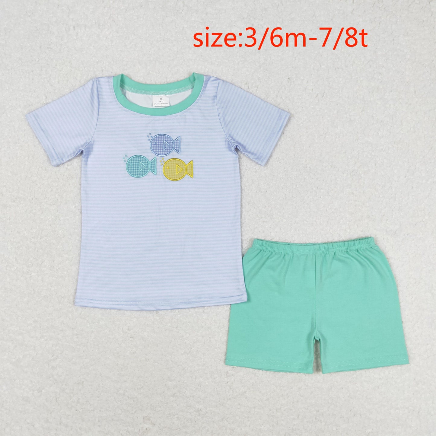 RTS NO MOQ(In Stock) Embroidered fish striped short-sleeved teal shorts suit