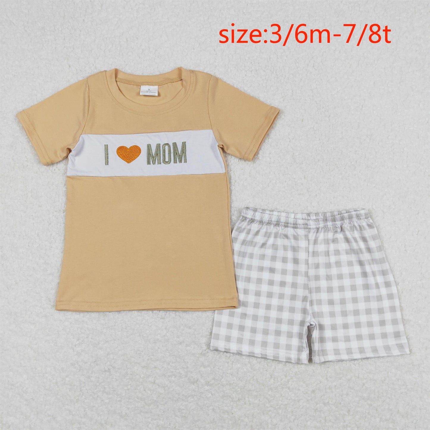 RTS NO MOQ(In Stock) I love mom embroidered short sleeve green plaid shorts suit