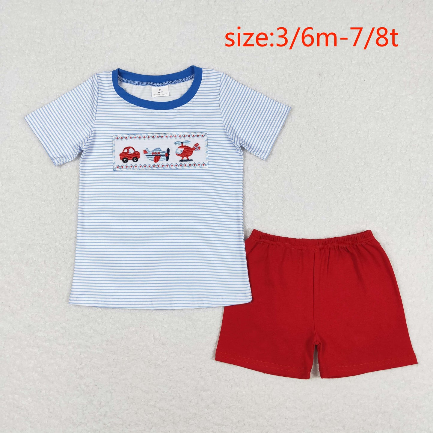 RTS NO MOQ(In Stock) Embroidery Car Plane Helicopter Blue Striped Short Sleeve Red Shorts Suit