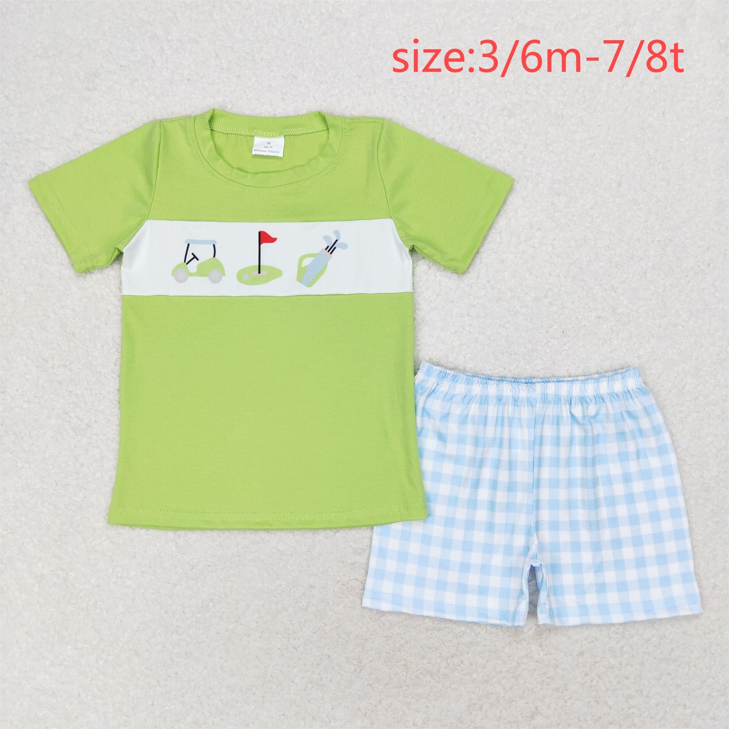 RTS NO MOQ(In Stock) golf sightseeing car green short sleeve blue plaid shorts set