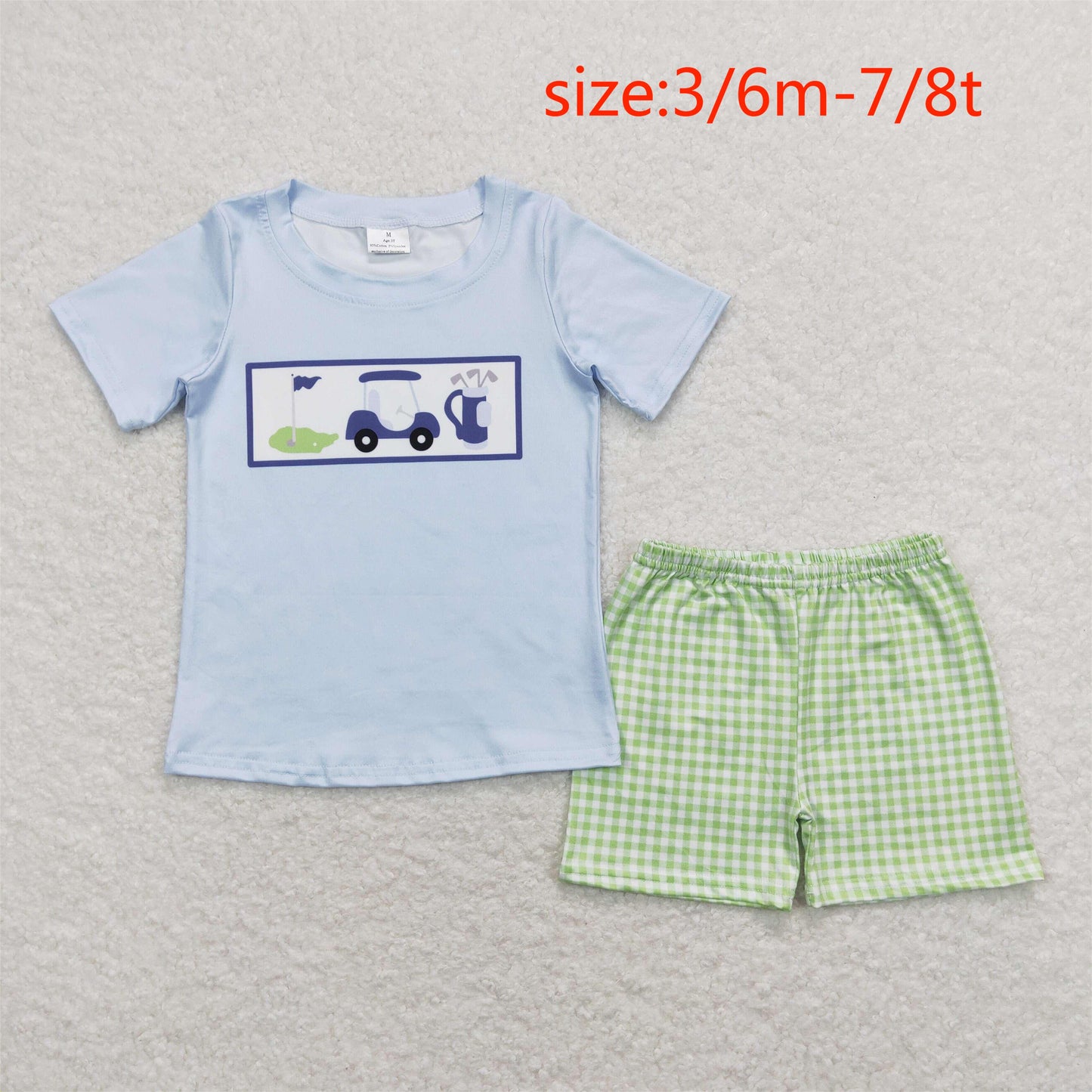 RTS NO MOQ(In Stock) Golf sightseeing car blue short-sleeved green plaid shorts suit