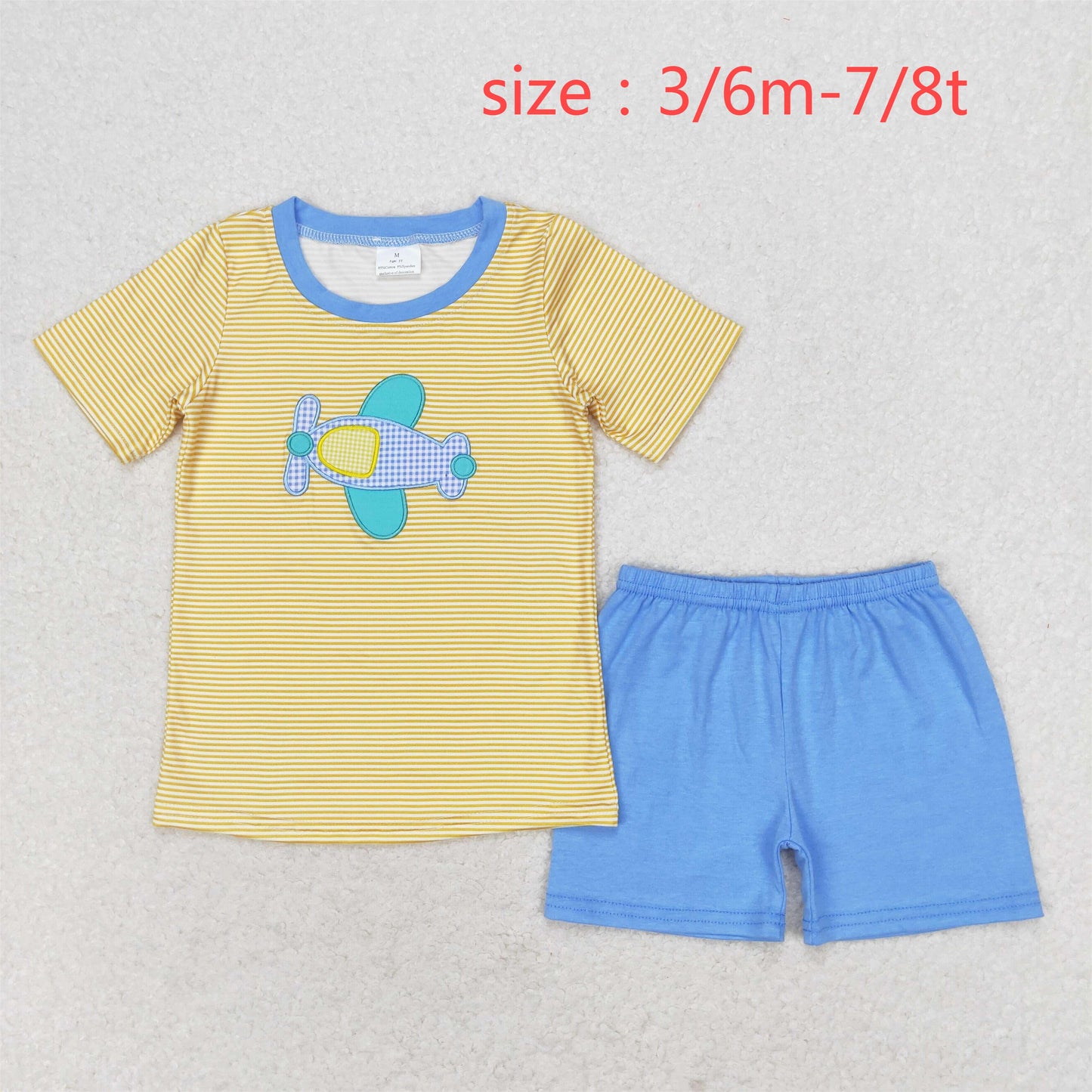 RTS NO MOQ(In Stock) Embroidered airplane stripes yellow short sleeves blue shorts set