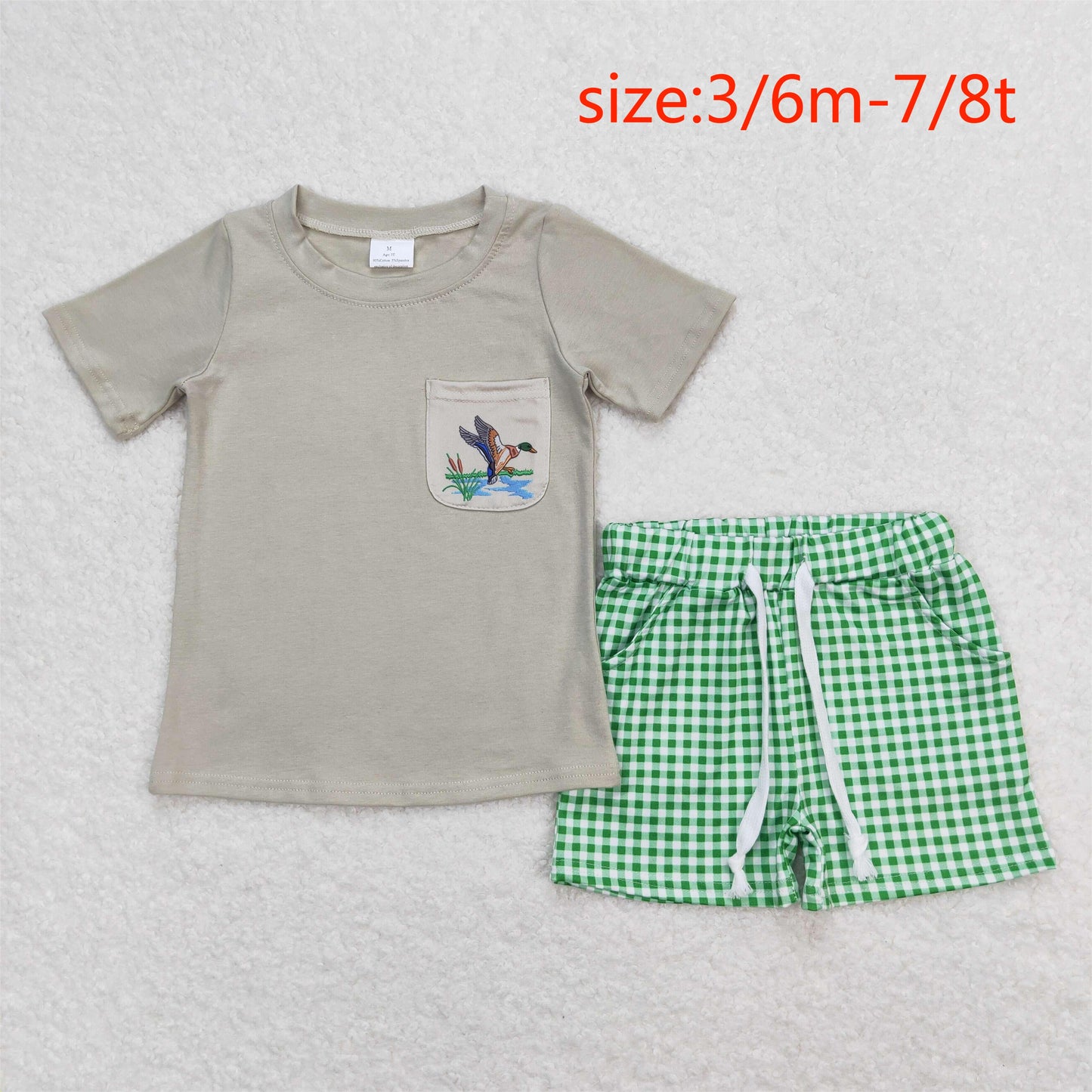 RTS NO MOQ(In Stock) BSSO0734 Duck Pocket Short Sleeve Green Plaid Shorts Suit