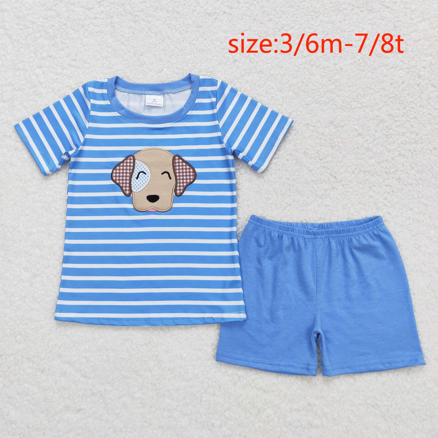 RTS NO MOQ(In Stock) Embroidered puppy blue striped short-sleeved shorts suit