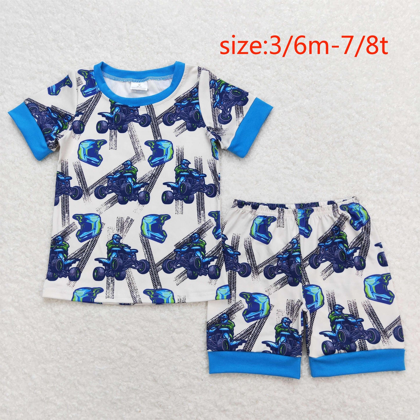 RTS NO MOQ(In Stock) BSSO0775 Mountain motocross blue short-sleeved shorts pajama set