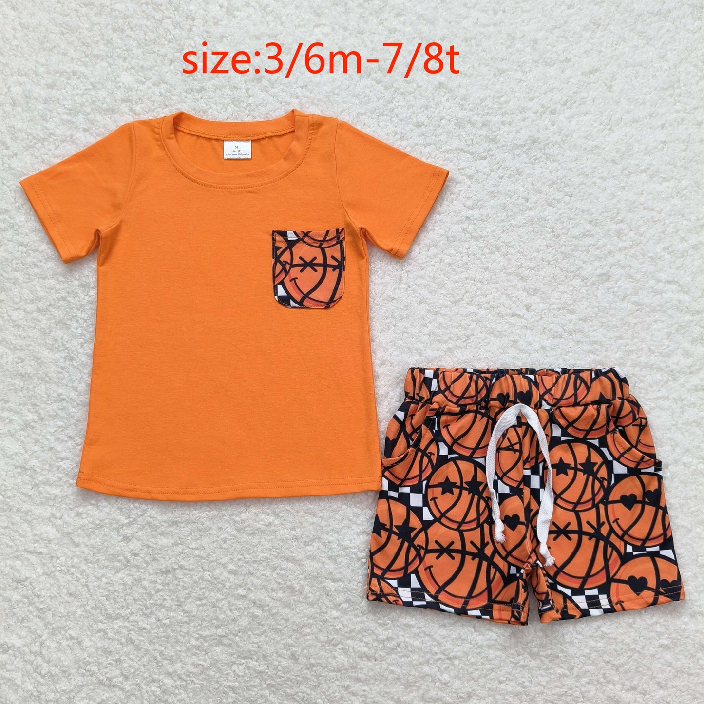 RTS NO MOQ(In Stock ) Smiley Basketball Pocket Orange Short Sleeve Shorts Set