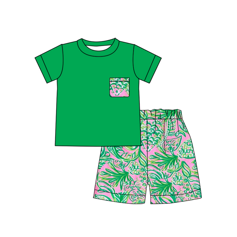 BSSO0839 pre-order baby boy clothes green painting toddler boy summer outfits 3-6M to 7-8T