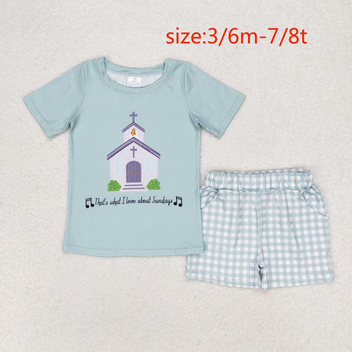 RTS NO MOQ(In Stock) Church Letters Teal Short Sleeve Plaid Shorts Suit