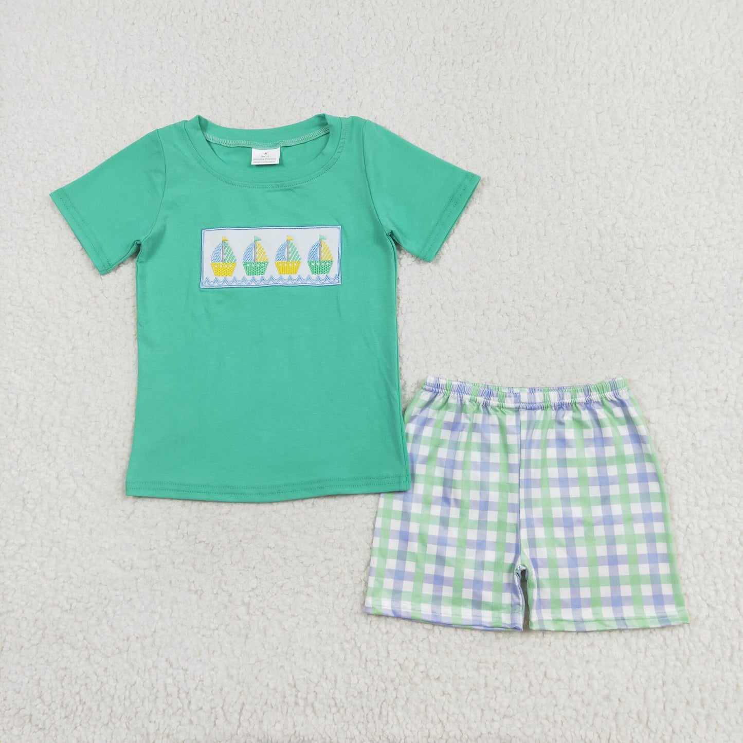 RTS NO MOQ(In Stock) Embroidered sailboat blue-green short-sleeved plaid shorts set