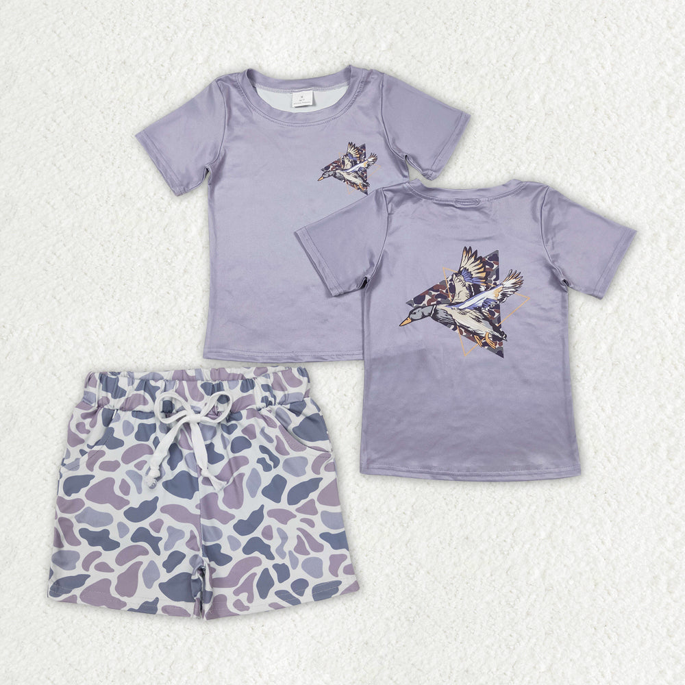 BT0599+SS0140 Camouflage duck gray short-sleeved top light gray shorts