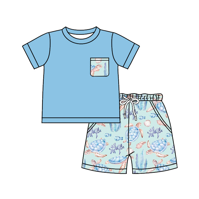 BSSO0905 pre-order 3-6M to 7-8T baby boy clothes sea turtle toddler boy summer outfits
