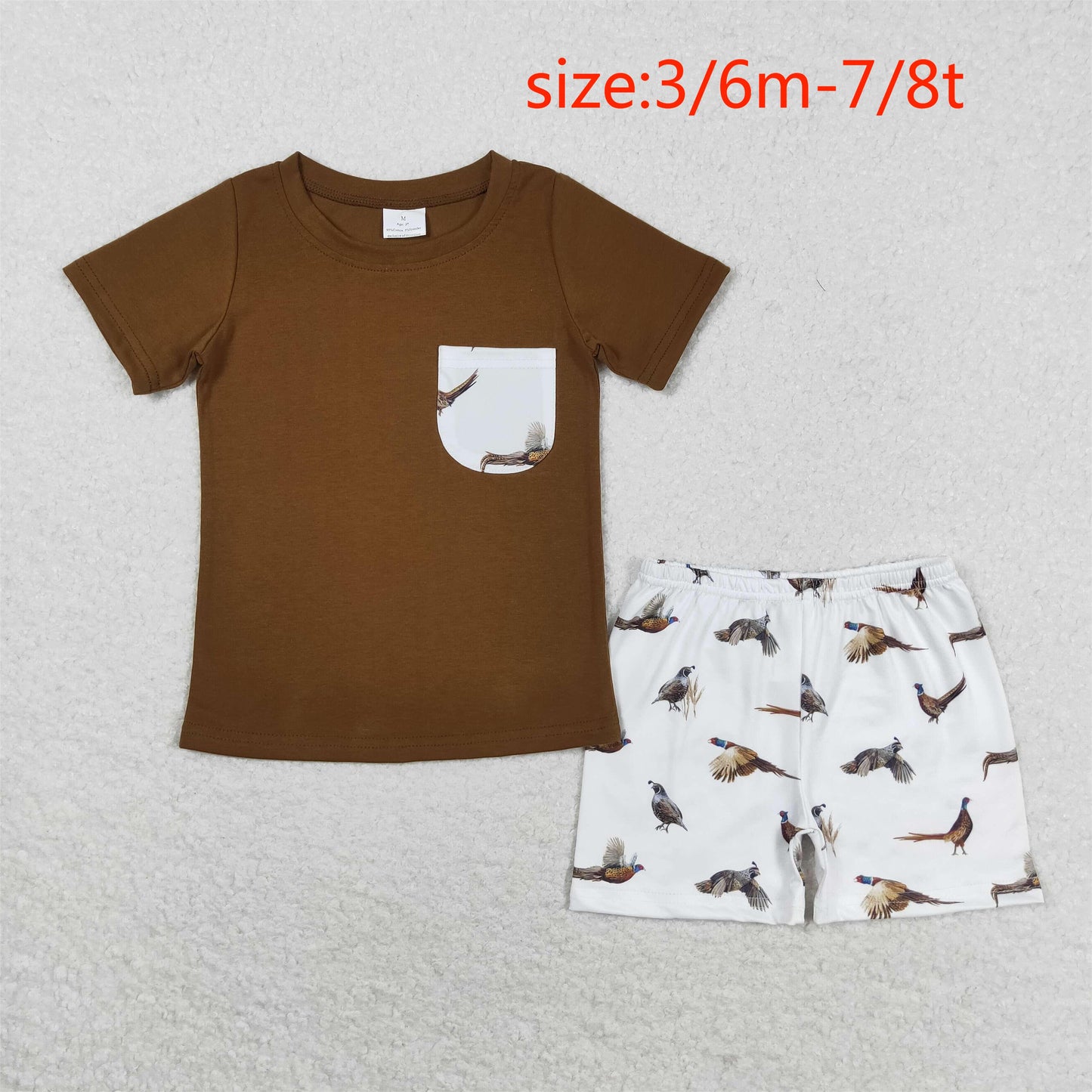 RTS NO MOQ(In Stock) Bird flying white pocket brown short-sleeved shorts set