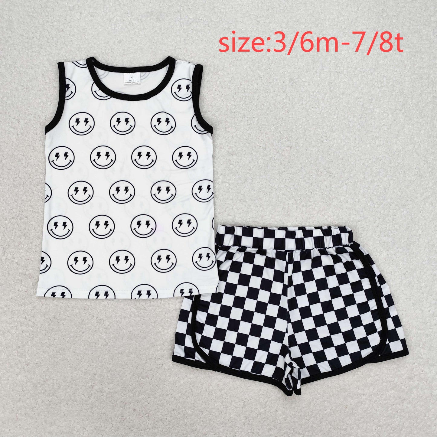 RTS NO MOQ(In Stock) BSSO0972 Lightning smiley face sleeveless black and white plaid shorts set