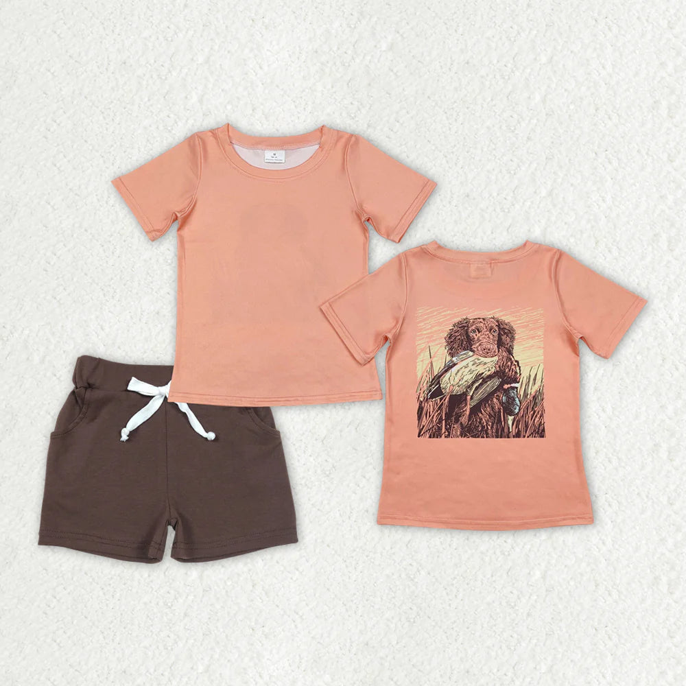 RTS NO MOQ Baby Boys Orange Dog Duck Hunting Shirt with Pocket Short Set Baby Outfit Clothes Set