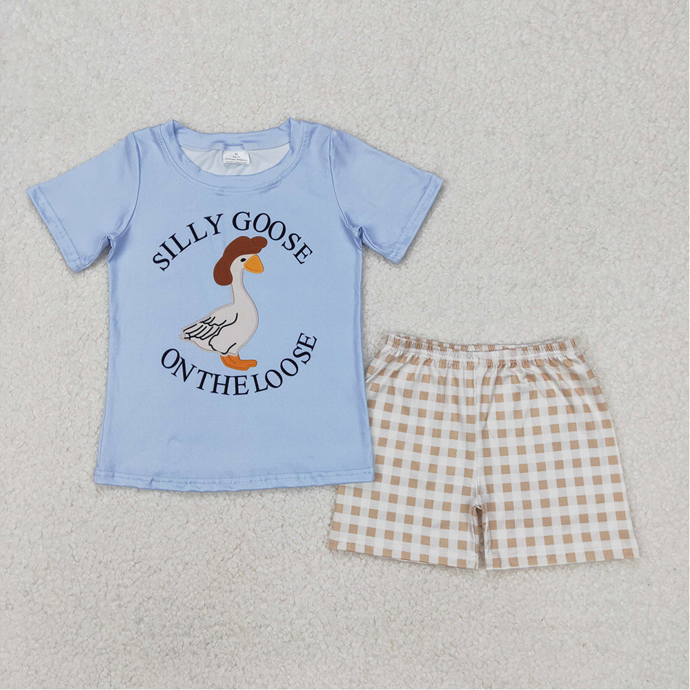 RTS NO MOQ Sibling Embroidery Silly Gooses Baby Girls Floral Tunic Set with Ruffle Shorts Baby Boys Outfit