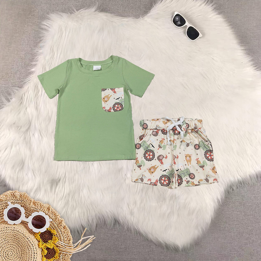 RTS NO MOQ Sibling baby boys boy clothes Short Sleeve Green Shorts Sets