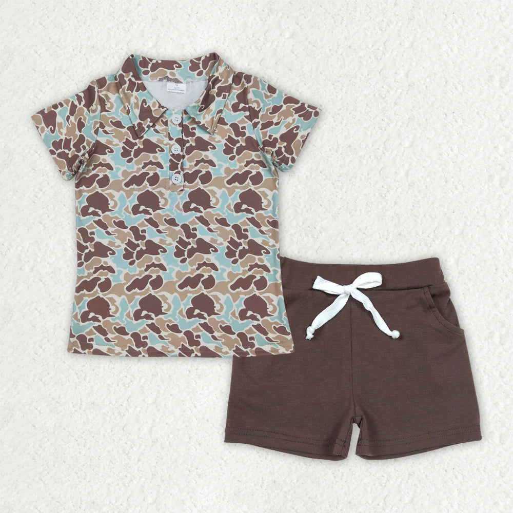 RTS NO MOQ Baby Boys Green Camouflage Button Pullover Top with Pockets And Shorts Outfit Set