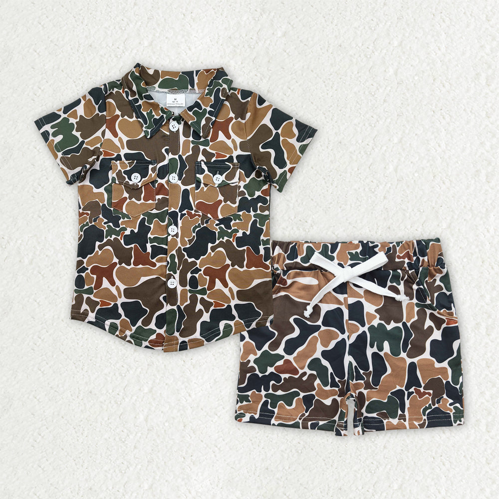 RTS NO MOQ BT1200+SS0359 Camouflage beige short-sleeved top shorts sets