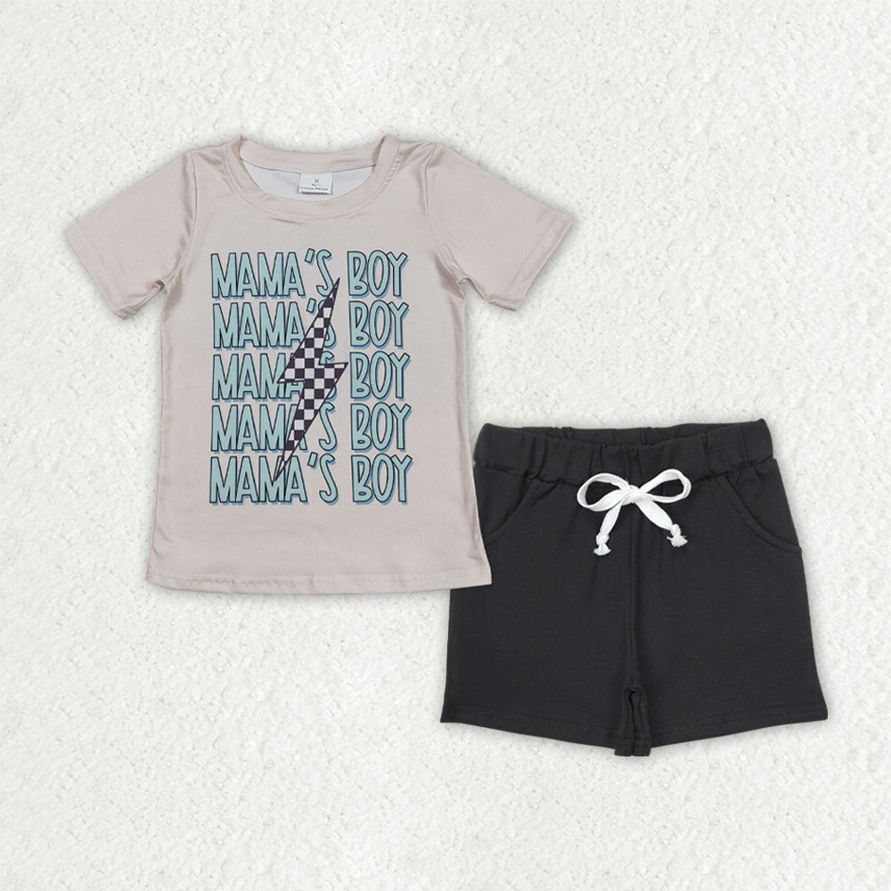 RTS NO MOQ BT1229+SS0137 mama's boy black and white checkered beige short-sleeved shirt pocket shorts sets-
