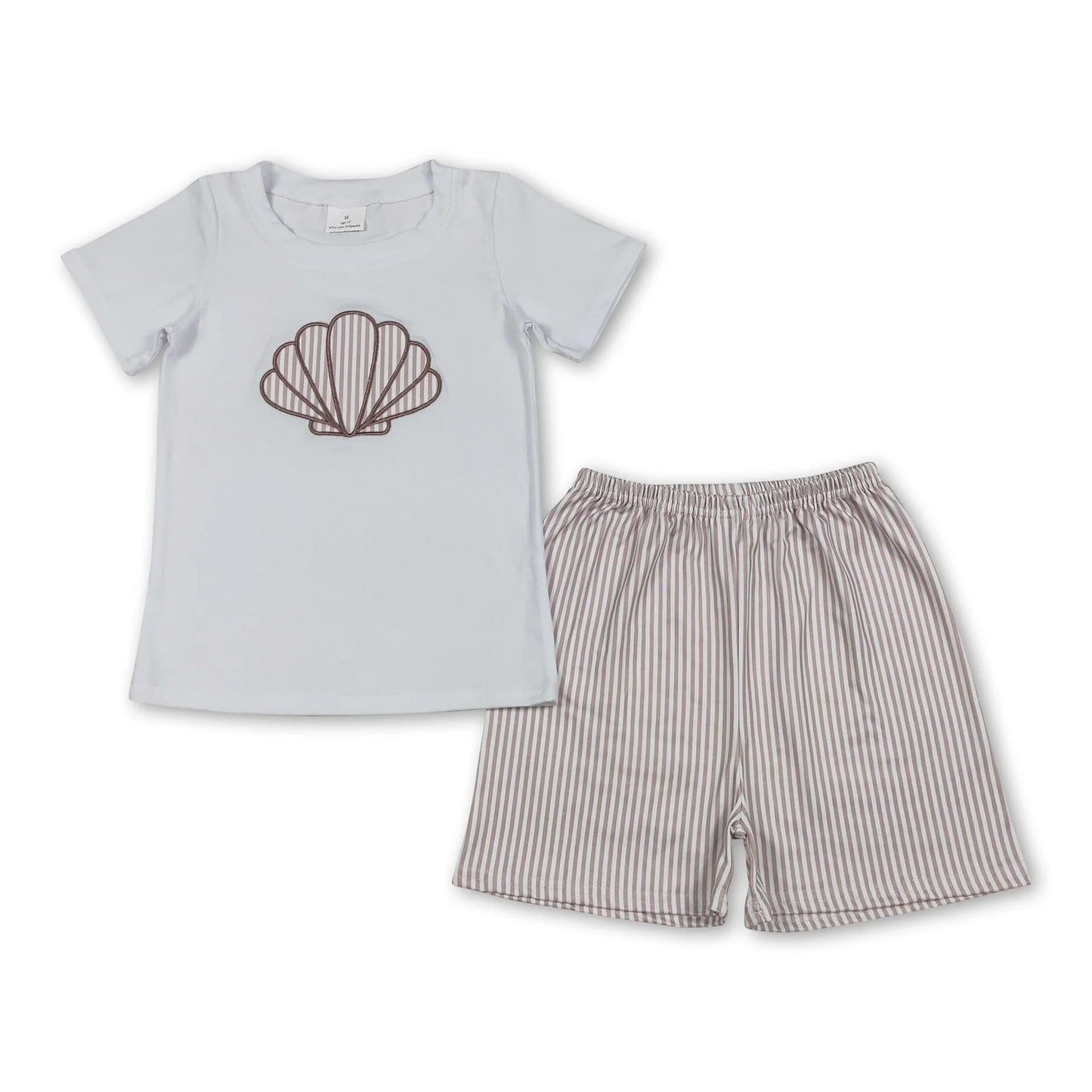 RTS NO MOQ Sibling milk silk Baby Girl Boys Embroidery Shell Stripe Top Shorts Two Piece Set Rompers