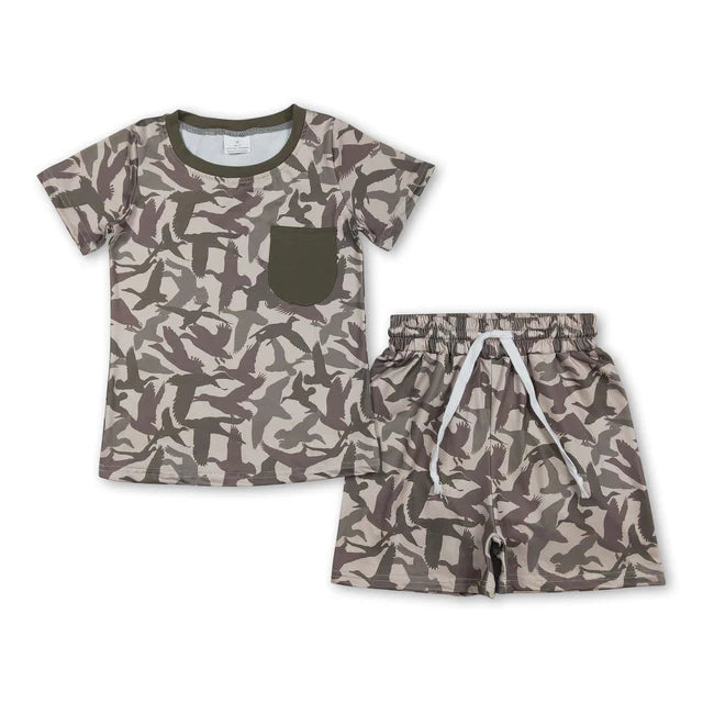 RTS NO MOQ Sibling milk silk Duck Camo Printed Pocket Top Shorts Baby Boys Hunting Pajamas Clothes Sets