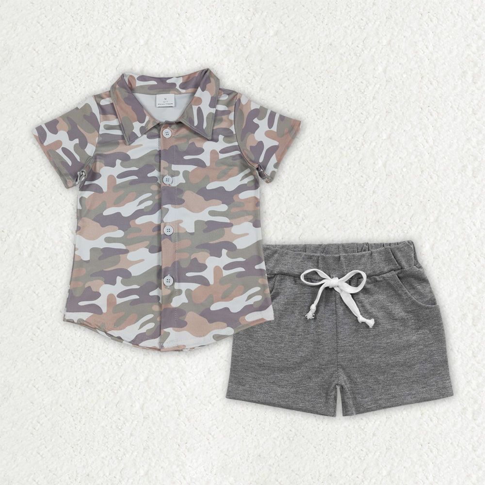 RTS NO MOQ(In Stock) baby boy clothes camouflage button short-sleeved top pocket shorts sets-BSSO1803
