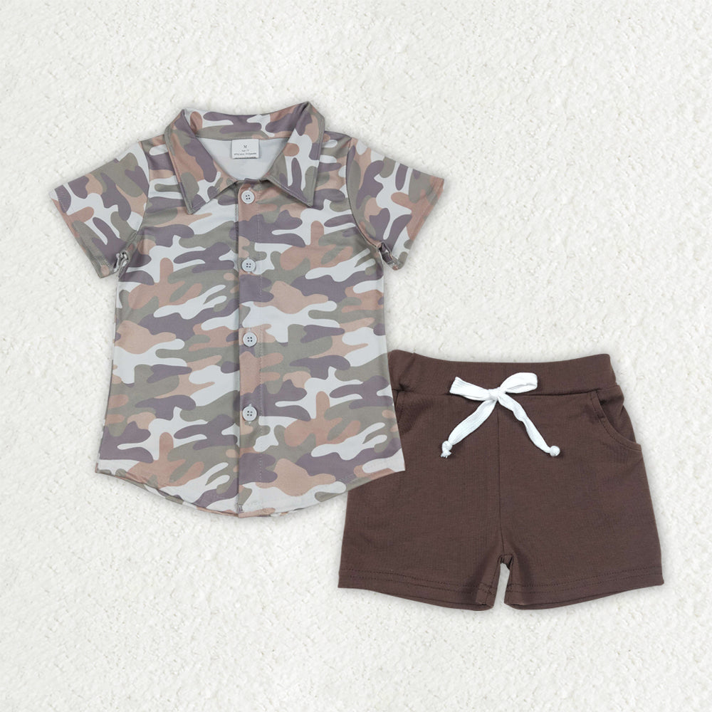 RTS NO MOQ(In Stock) baby boy clothes camouflage button short-sleeved top pocket shorts sets-BSSO1804