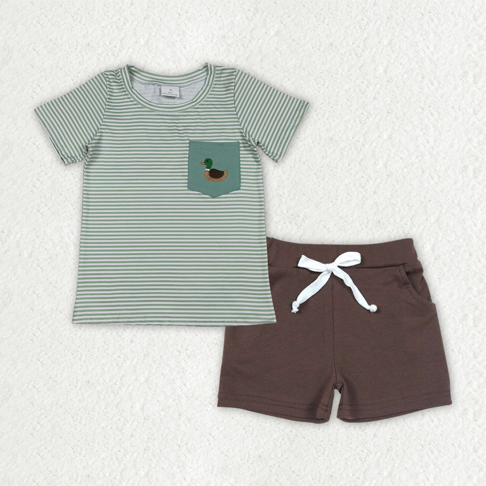 RTS NO MOQ(In Stock) baby boy clothes embroidery duck short-sleeved shirt with letters pocket shorts sets-BSSO1807