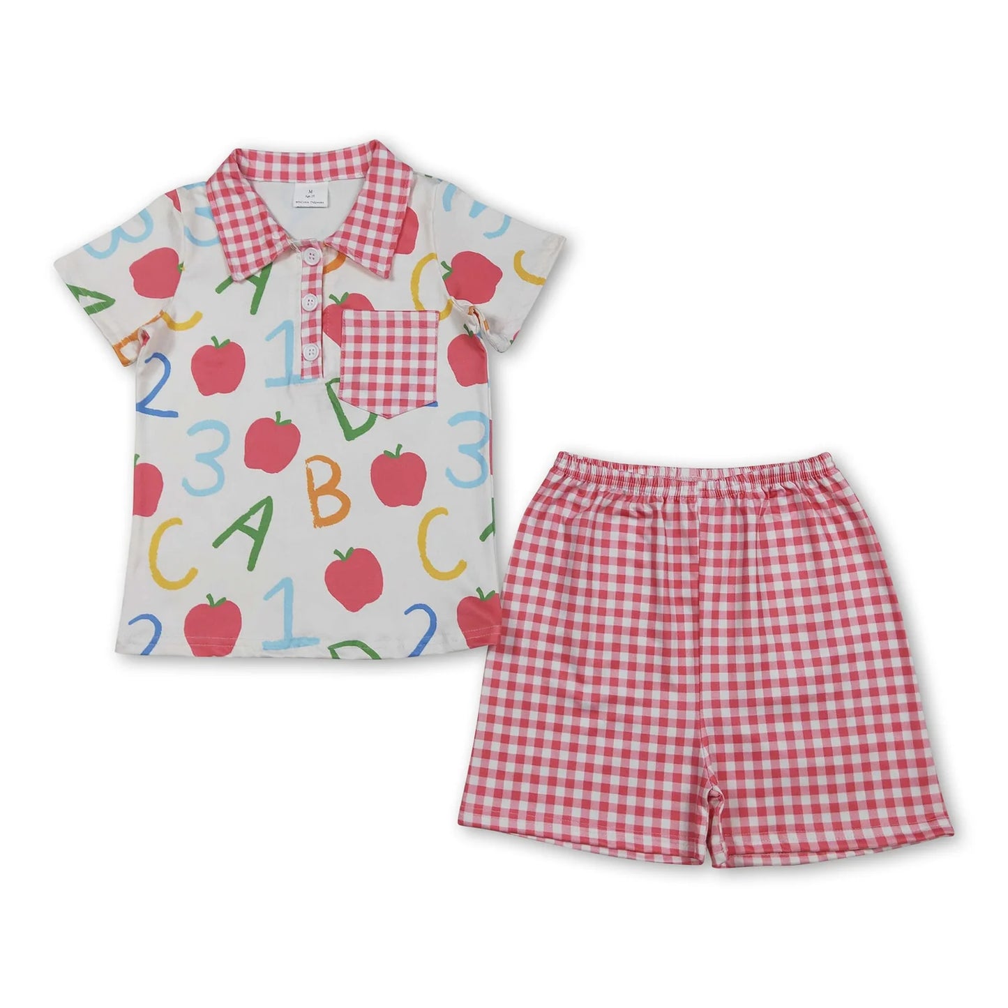 RTS NO MOQ Sibling milk silk Baby Boys Apple ABC Print Button Top Checked Shorts Back To School Set