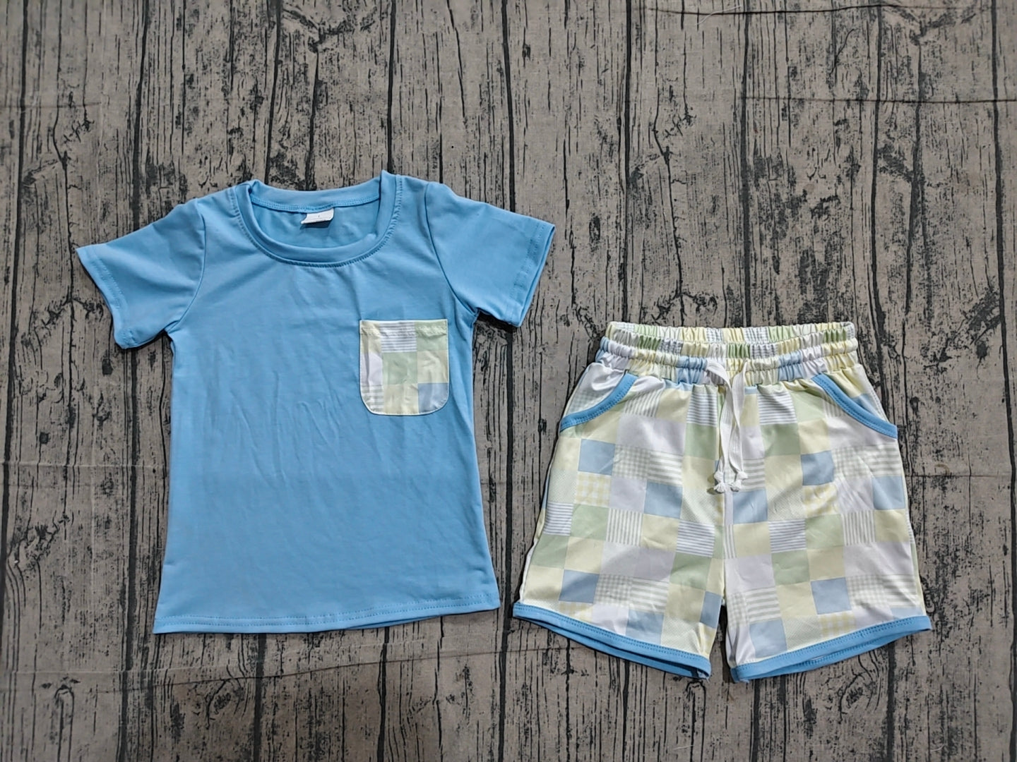 (Pre Order) No moq BSSO1950 Baby Boys Light Blue Short Sleeve Plaid Collar Top Pocket Shorts Clothes Sets