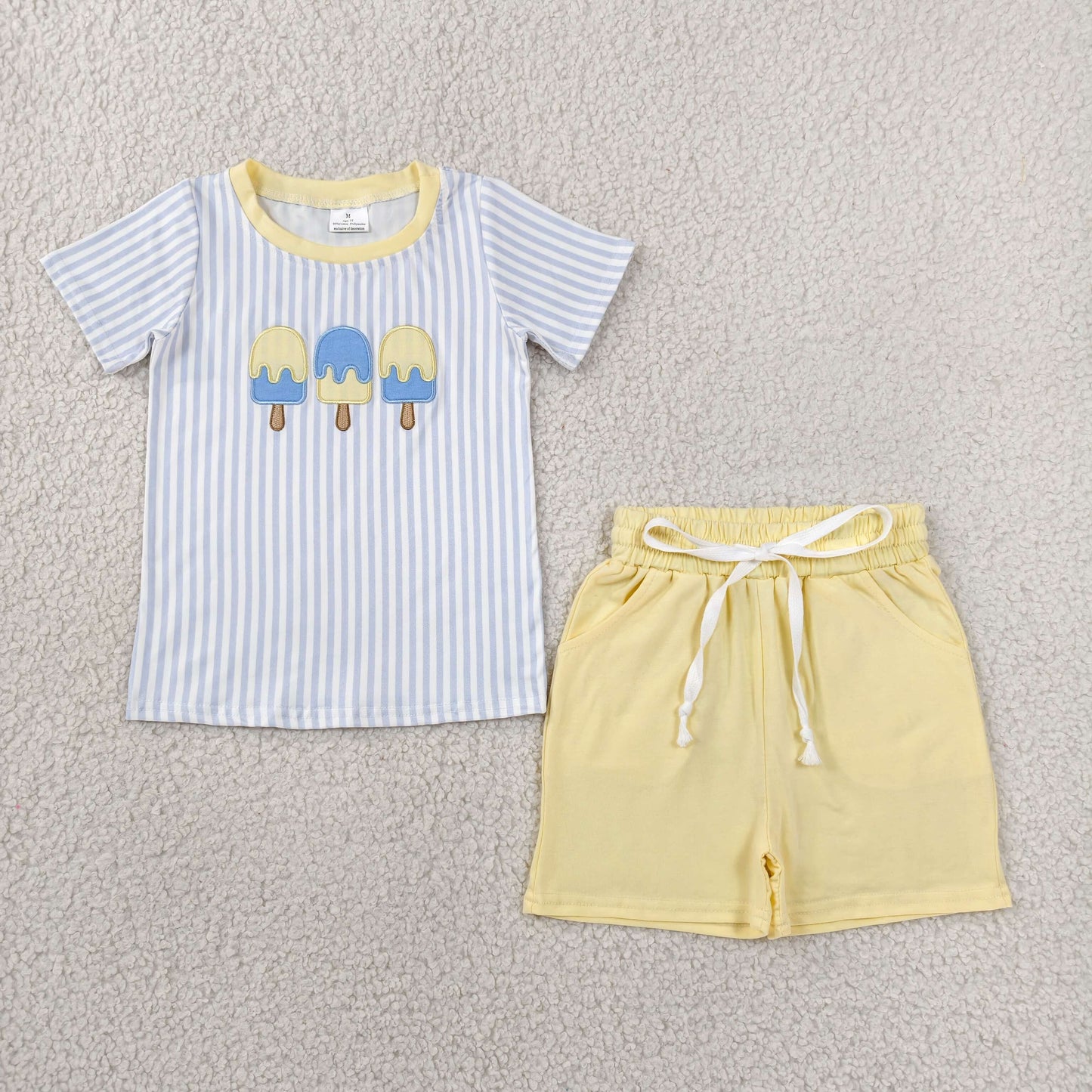RTS NO MOQ Sibling milk silk Baby Boys Cute Embroidery Popsicle Blue Stripe Front Pocket Top Short Pants Sets